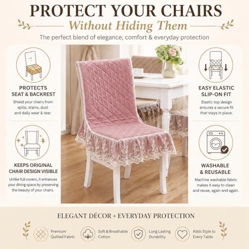 Image of HOMETHREADS Vintage Dining Chair Protector Cover, Quilted Cotton with Lace Frills, Easy Slip-On Design, Protects Seat & Backrest While Keeping Chair Visible, Washable & Reusable, Pink (Pack of 1)