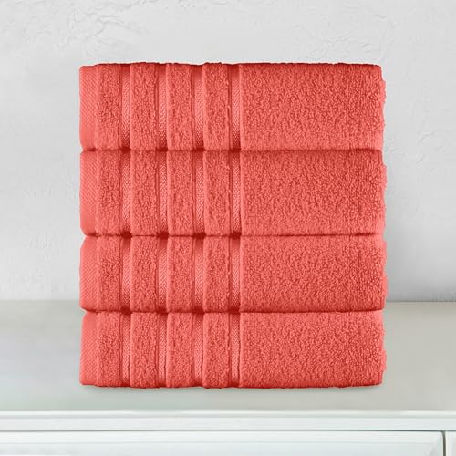 Image of Elegant Comfort 100% Turkish Cotton 4 Lines Viscose Stripe Luxury 4 Pack Hand Towel Set - Ultra Absorbent and Soft 16 x 28 Inch Premium Hotel Spa Quality Towels for Everyday Bath Use, Coral