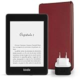 Kit Esencial Kindle Paperwhite, incluye un e-reader Kindle Paperwhite, wif, con ofertas especiales, una funda Amazon de cuero en color burdeos y un adaptador de corriente Amazon PowerFast