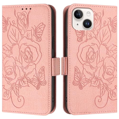 Étui folio pour iPhone 13 rose avec rangement de cartes pour sorties et voyages