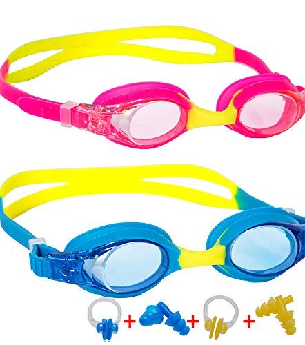 Kids Swim Goggles Leaking Anti Fog UV Protection Triathlon Child Swimming Goggles for Kids and Early Teens with Ear Plugs and Nose clip,Free Protection Case Blue, Pack of 2