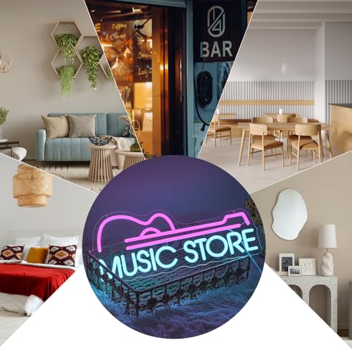 Image of Music Store Neon Sign for Wall Decor, Dimmable Guitar Neon Light, USB Powered Guitar LED Light Signs for Bedroom Studio Music Live Record Club Bar Party