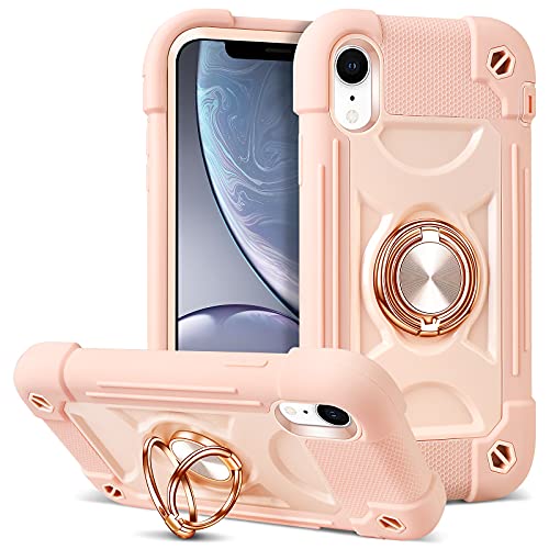 WESADN for iPhone XR Case with Ring Kickstand for Women Girls Protective Silicone Case with PC Bumper Heavy Duty 3 in 1 Phone Case Full Body Shockproof Anti Slip Compatible with iPhone XR, Rose Gold