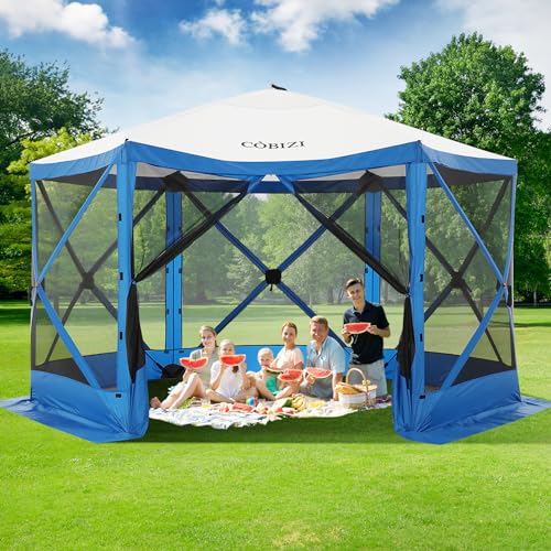 Image of COBIZI 12x12 FT Pop Up Canopy Shelter Tent, Large Gazebos On Clearance, Screened in Gazebo, Screen Tents Portable carpas para Patio for Outdoor Camping, Backyard, Garden, Beach, Blue