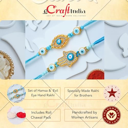 Image of eCraftIndia Hamsa Hand Evil Eye Rakhi Set of 2 | Rakhi for Brother Bhaiya Bhai with Best Bro Ever Fridge Magnet | Roli Chawal Pack