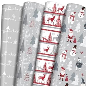 PlandRichW Papel de regalo de Navidad de invierno, 6 hojas de Navidad jumbo de 28 x 40 pulgadas con patrones de árboles, renos, Papá Noel y muñeco de nieve, papel de regalo navideño para todas las
