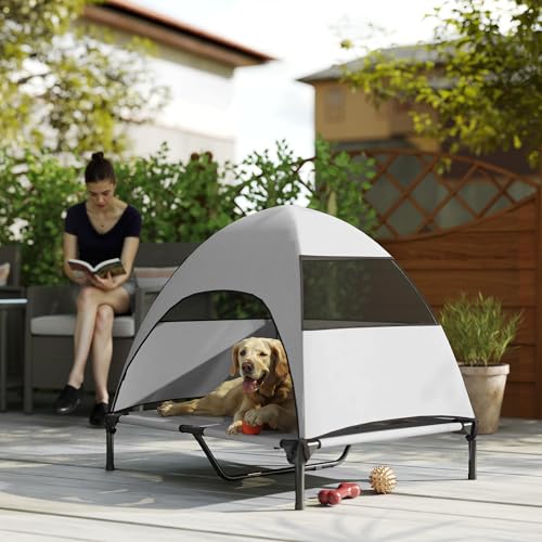 PawHut Hundeliege Outdoor mit Dach, Erhöhtes Hundebett für Große Hunde, Kühlendes Haustierliege mit Waschbares Mesh Stahlrahmen Tragtasche, Haustierbett für Draußen Camping 91x76x90cm, Hellgrau