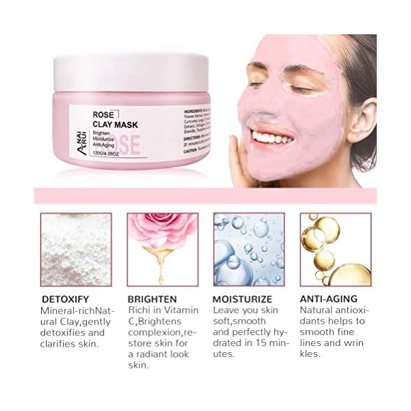 Rose-Clay-Facial-Mask-with-Kaolin-Pink-Clay-Niacinamide-Collagen-Hyaluronic-Acid-Moisturizing-Anti-Aging-Pores-Minimizers-Blackhead-Remover-Hydrating-Mud-Mask-423-oz ANAI RUI Rose Facial Mask, Clay Mask with Kaolin Pink Clay, Niacinamide, Collagen, Hyaluronic Acid for Moisturizing & Smooth Skin, Pores Minimizers, Blackhead Remover, 4.23 Oz
