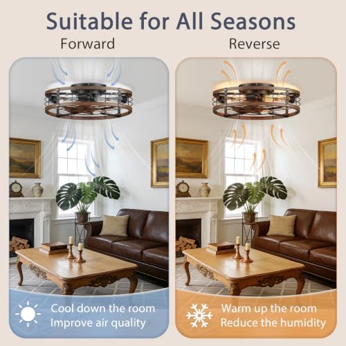 VOLISUN 20'' Caged Ceiling Fan with Light and Remote,Rustic Low Profile Ceiling Fan with Light Flush Mount, Farmhouse Bladeless Fandelier Ceiling Fans with Lights for Kitchen,Bedroom-Gold - 4