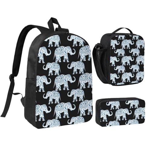 Backpack Set with Lunch Bag & Pencil Case Elephant-Blue Black Print Oxford Fabric Portable Useful Bag Set