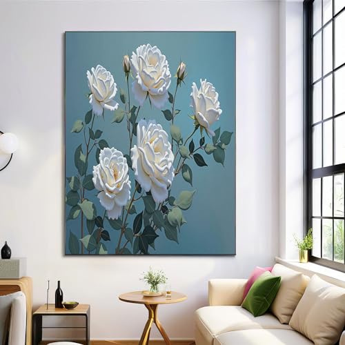 Pintura de planta y rosa blanca en lienzo de 60x90cm, imágenes artísticas de pared para sala