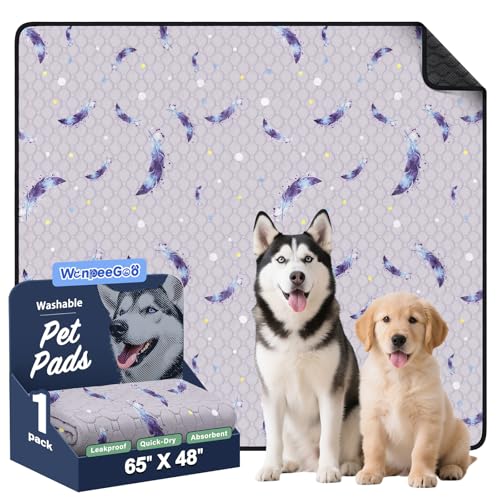 Image of WanpeeGoo Washable Pee Pads for Dogs, 1 Pack Reusable Puppy Pads, Super Absorbent & Leakproof Dog Pads, Anti-Slip Dog Pee Pads for Puppy Training & Incontinence, Leaf Pattern 65 inchx48 inch