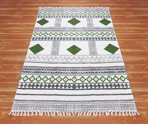 Tapis de Noël en coton de prestige vert et beige pour salon et chambre