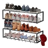 Jchccu 2 Pack Expandable Wall Mounted Shoe Rack, 17\"-31\" Adjustable Hanging Shoe Rack Holds 16 Pairs, Heavy Duty Metal Shoe Holder with 4 Storage Hooks, Space Saving for Entryway Closet Doorway（Black