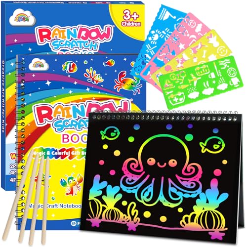 ZMLM Scratch Paper Art-Crafts Gift: 2 Pack Rainbow Notebooks Supplies Toys Easter Basket Stuffers for 3 4 5 6 7 8 9 10 Years Old Girls and Boys Kids Valentine's Day Birthday Party Travel Games (Pink)
