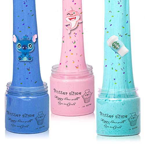 Image of Tonlead 3 Pack Butter Slime Kit, Slime Pack With Shark Slime Latte Slime Stitch Slime, Soft Putty Non-Sticky Sludge Toys, Birthday Kids Party Favors For Girls Boys(100Ml Each*3)