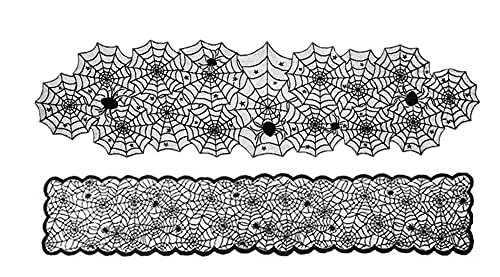 Meaning4 Camino de mesa de Halloween, 2 unidades, decoración negra, 33 x 183 cm, red de gasa lavable Cover