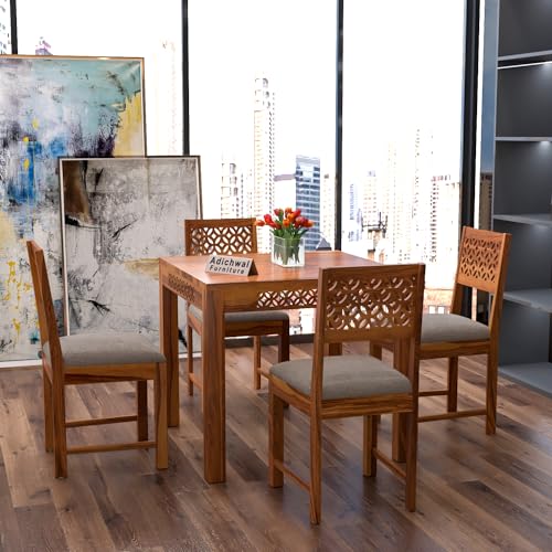 Image of Solid Sheesham Wood 4 Seater Dining Table Set with Cushioned Chairs for Dining Room | Living Room | Home & Office | Hotels Restaurant & Cafe (4 Seater, Honey A)