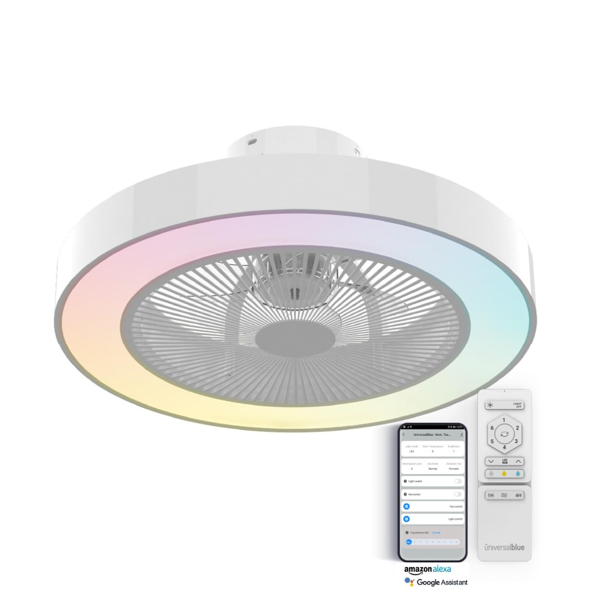 UNIVERSALBLUE Ventilador de Techo con Luz LED Multicolor y WIFI | Ventilador sin Aspas con Luz Regulable | Acabado en Blanco | Alexa & Google Assistant