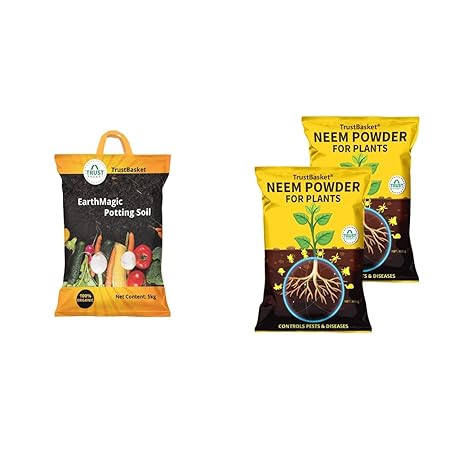 Trust Basket Enriched Organic Earth Magic Potting Soil Fertilizer for Plants, 5 kg & Neem Cake Powder Organic Fertilizer and Pest Repellent for Plants (450 GMS) - Set of 2 Combo