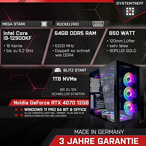 SYSTEMTREFF® High-End Gaming PC Intel Core i9-12900KF 16x5.2GHz | Nvidia GeForce RTX 4070 12GB DX12 | 1TB M.2 NVMe | 64GB DDR5 RAM | WLAN Desktop Computer Rechner für Gamer, Zocker – Bild 3