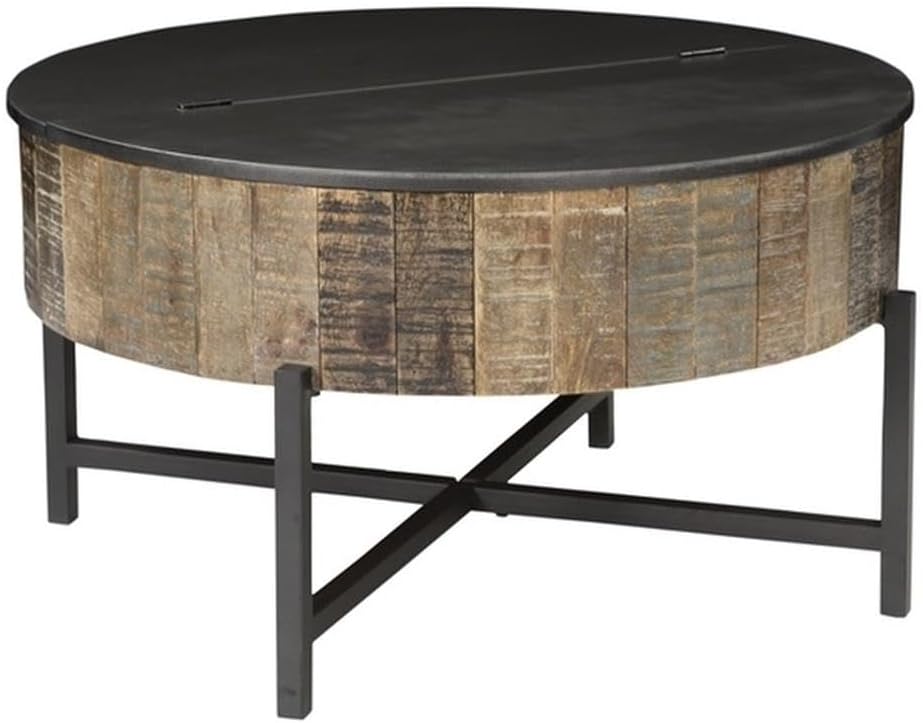 Pemberly Row Round Storage Coffee Table, Mango Wood, Rustic Vintage Finish, Adjustable Top, Hidden Storage, Sturdy Iron Base, Modern Contemporary Living Room Table