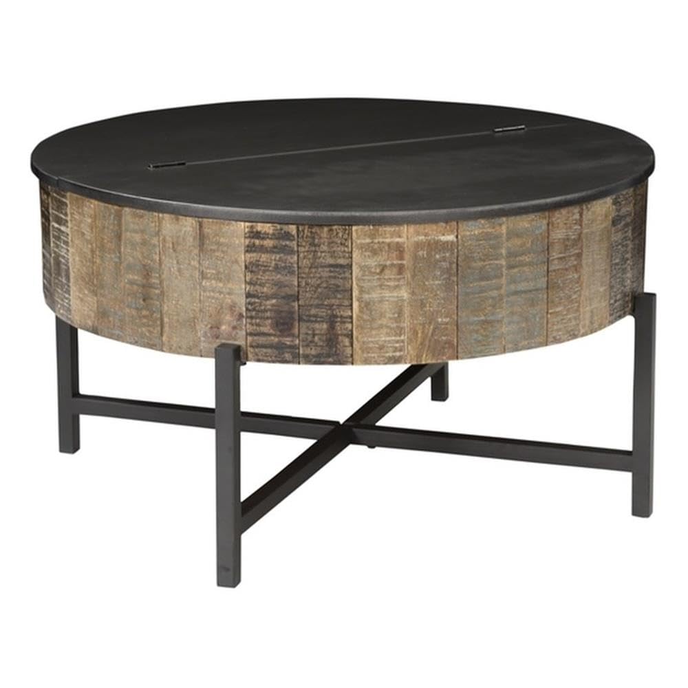 Pemberly Row Round Storage Coffee Table, Mango Wood, Rustic Vintage Finish, Adjustable Top, Hidden Storage, Sturdy Iron Base, Modern Contemporary