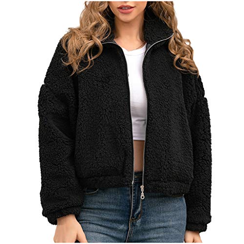 Womens Faux Shearling Jacket, Casual Zipper Fleece Fuzzy Jacket Jacket Fashion Cardigan Coat Black