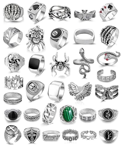 Vieyomn 34 Pcs Vintage Silvery Punk Ring for Women Men Gothic Signet Stackable Skull Poker Knuckle Rings Set