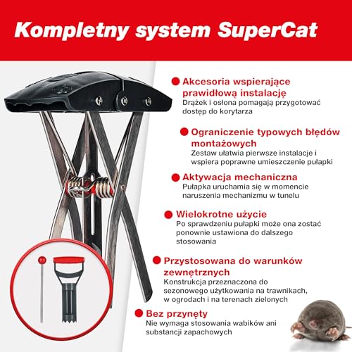 SWISSINNO Pułapka na Krety SuperCat + Zestaw akcesoriów SuperCat – Drążek nastawczy i osłony do przygotowania tunelu – Precyzyjny wyzwalacz dwukierunkowy – Wielokrotnego użytku – Do trawnika i ogrodu