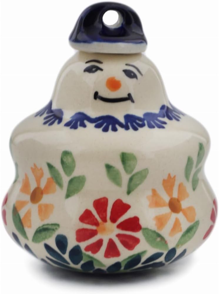 Polmedia Polish Pottery Snowman Ornament - Wave of Flowers Pattern Handmade in Boleslawiec Poland + Certificate of Authenticity