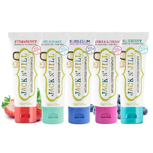 jack n39 jill natural toothpaste for kids - fluoride free toothpaste safe to swallow 40 xylitol bpa free - 176 oz variety pack of 5