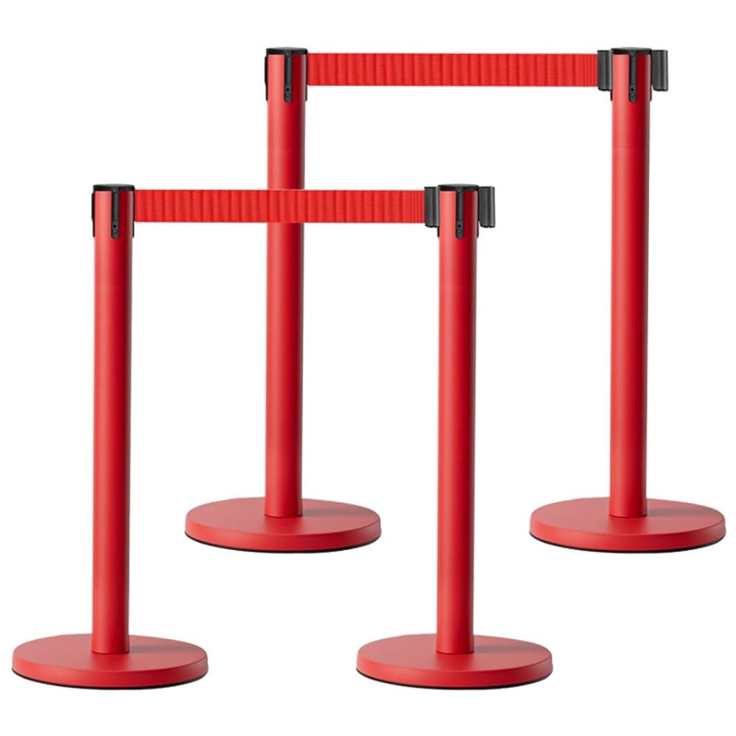 YVYKFZD Lot de 4 Poteau de Guidage des foules, Poteaux de Guidage avec base en caoutchouc, Barrière de Balisage des foules robustes, poteaux de ceinture rétractables(Red and white,3m/9.8ft)