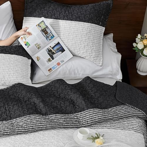 Image of Andency Oversized Queen Quilt Bedding Set, 98x98Inch Black White Stripe Bedspread Coverlet 3 Pieces, Soft Lightweight Grey Patchwork Quilted Bed Set for All Season (1 Quilt, 2 Pillowcases)