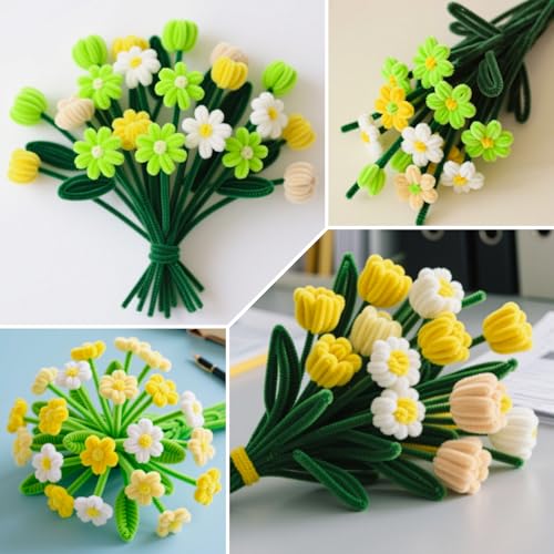 Image of ASTARON 521 Pcs 5 Colors Art Chenille Stems Pipe Cleaners Flower Making Kit | Green Yellow Craft Pipe Cleaners,20 Floral Wires,Green Gardening Tape, Flowers Making Kit,Polyester Fluffy Pipe Cleaners Set