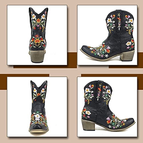 Vimisaoi Women's Western Cowgirl Cowboy Boots Comfortable Pointed Toe Pull On Chunky Mid Heel Embroidered Ankle Boots #TOP3