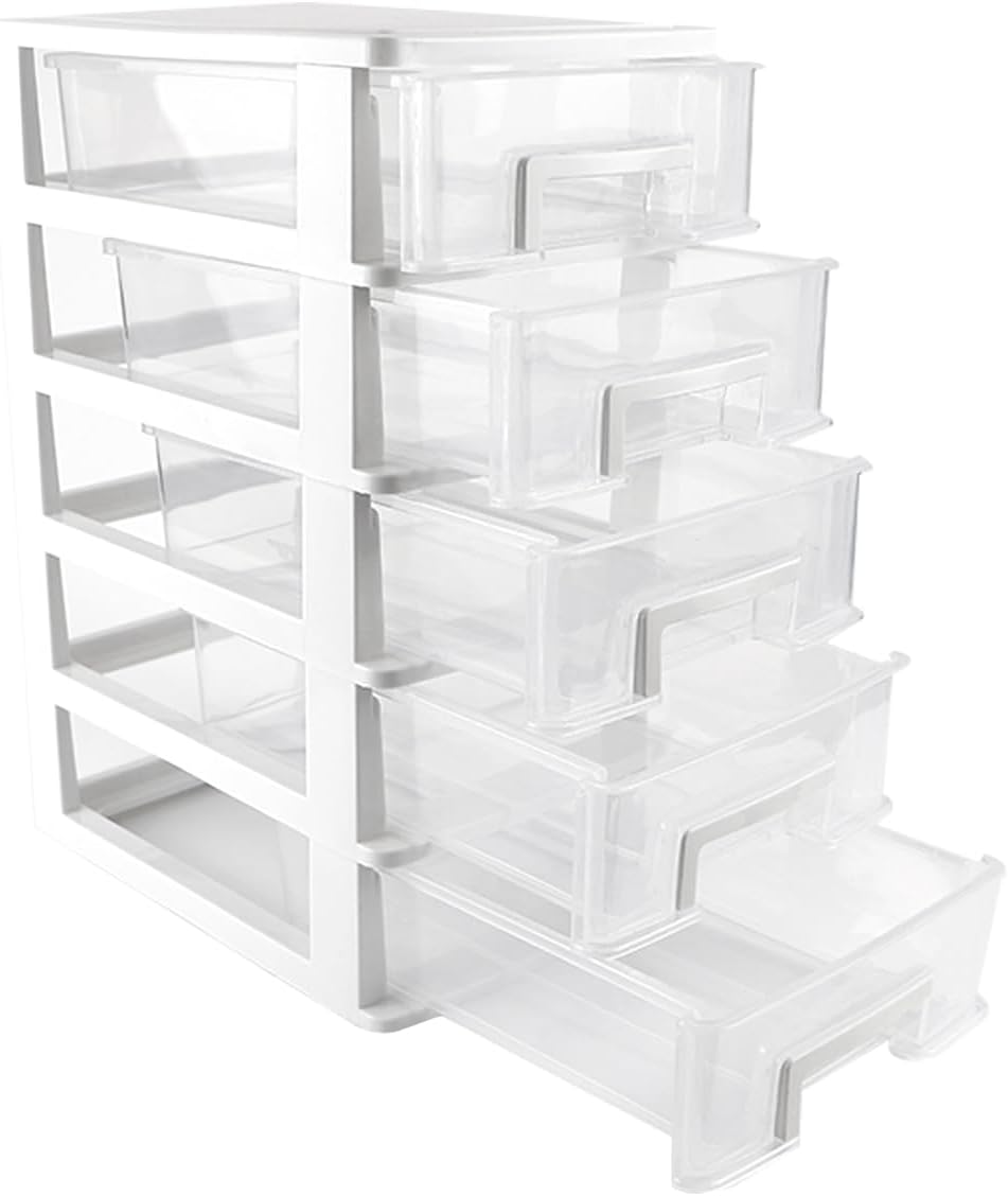 5 Tier Plastic Drawer Type Closet,Portable Storage Cabinet Sundries Storage Cosmetics Jewelry Storage Box for Home Office（White）