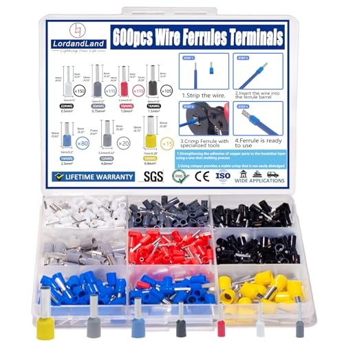 UL Listed 600pcs Wire Ferrules Terminals Kit AWG 22-10 Crimp Copper Ferrules Terminals Wiring Electrical Connector Nylon Insulated Pin Cord End Terminal for Electric Industrial etc.