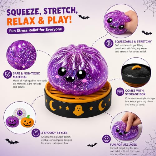 Halloween Dumpling Squishy 5 Pack with Steamer Bases, Soft Slow Rising Squeeze Toys, Cute Pumpkin Ghost Eyeball Skull Monster Fidget Toys for Party Favors, Classroom Prizes, Desk Gifts,D-1Packs - Image 3
