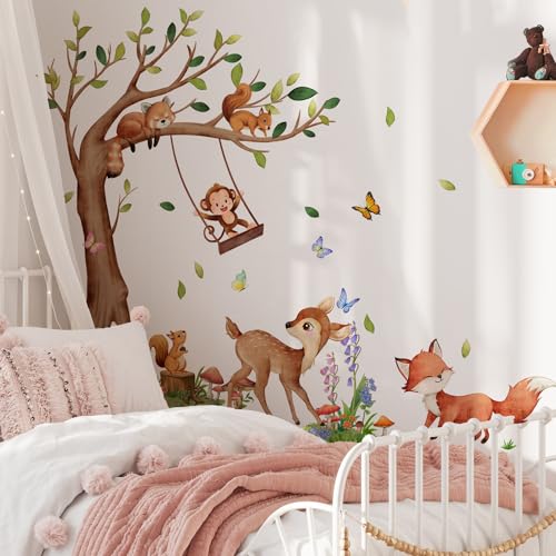 Woodland Animals Wall Stickers for Nursery Watercolor Forest Tree Wall Decals with Fox, Deer & Squirrel - Image 2