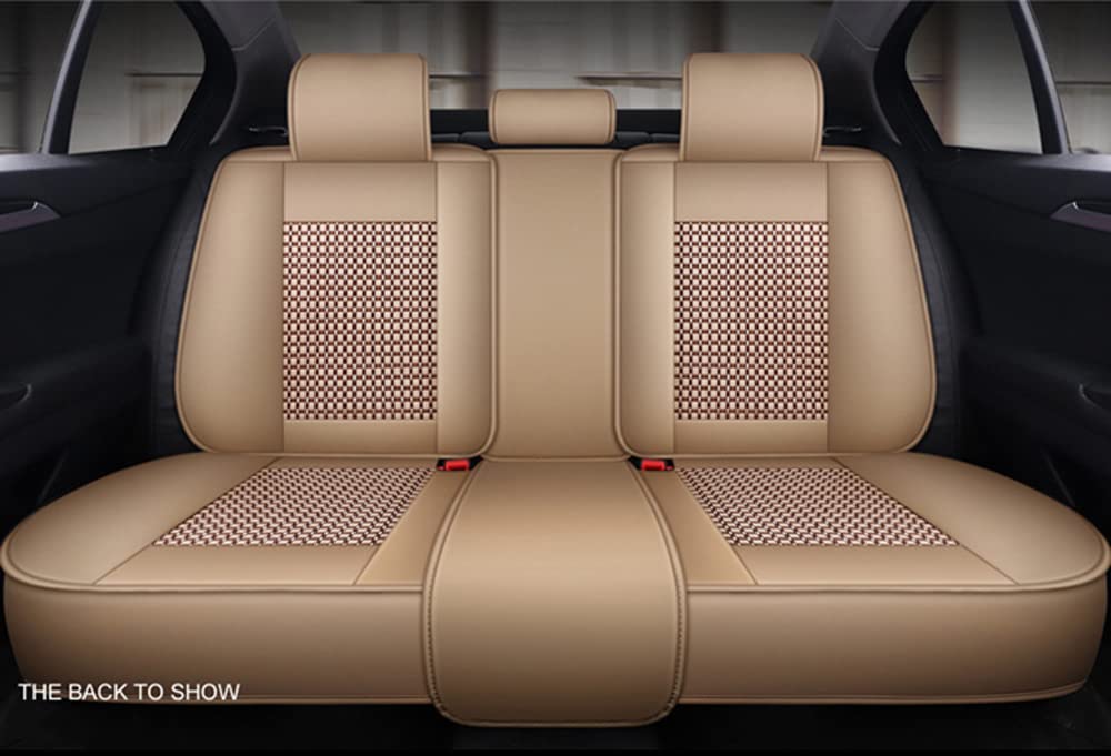 Fundas universales de Piel sintética para Asientos de Coche, Auto Asiento Fundas Delantera y Trasera Juego Completo de 5 Asientos Universal Four Seasons Pad Airbag Compatible,Beige Luxury