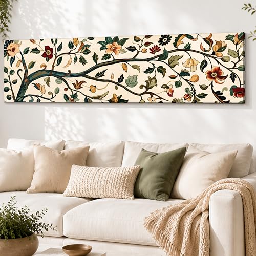 Image of Traditional Kalamkari Botanical Stretched Canvas Wall Art Painting for Living Room, Horizontal Floral Canvas Wall Decor For Livingroom, Bedroom, Office, Hallway's, Hotel 12x46 Inch