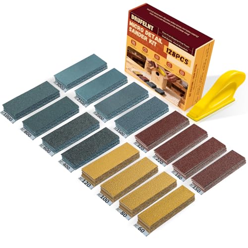 Drufelnt 128PCS Premium Micro Sander & Sandpaper Kit, Detail & Mini Hand Sander with Small Sanding Block, 80–3000 Grit Sandpaper Assortment for Wood, Crafts, Furniture, Tight Spaces & DIY Projects