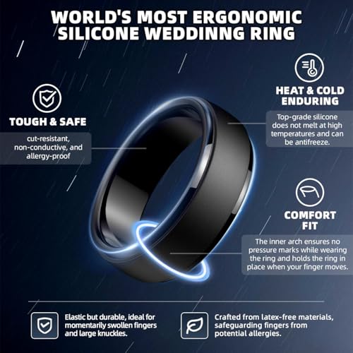 Image of Egnaro Men's Silicone Wedding Rings: Classic Black Step Edge Rubber band 10mm Wide 2.5mm Thick- Hypoallergenic for Gym /Outdoor /Gift(1 /4 /7 Variety Pack with Half Size)