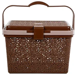 Nayasa Flower Picnic Basket | Plastic Multipurpose Basket with Lid | Sleek & Durable Organizer Basket with Lid | Ideal for Outdoors | Strong & Sturdy Handle | Dark Brown