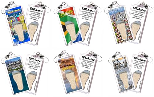 FootWhere Cape Town, S.A Souvenir Zipper-Pulls. 6 Piece Set. Authentic destination souvenir acknowledging where you've set foot. Genuine soil of featured location inside foot cavity. Made in USA