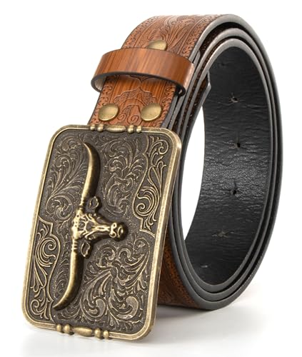Western Cowboy Leather Belts for Women Men - Longhorn-Bull-Pattern Square-Buckle Belt Floral Engraved for Jeans