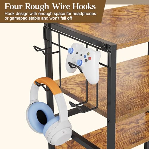 4-Tier AV Media Stand,Game Console Stand with 4 Hooks and Fabric Bags,DVD Shelf,Media Storage Cabinet,Audio Rack Record Player Stand Small Entertainment Center for Home Dorm, Apartment - Image 3