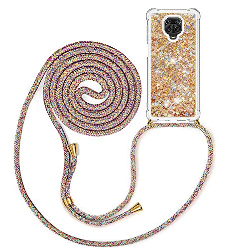 MXKOCO Handykette kompatibel mit Xiaomi Redmi Note 9 Pro Glitzer Flüssig Bewegende Treibsand Hülle mit Band Umhängetaschen+Hüllen mit Umhängeband Handykordel mit Schutzhülle Stylische Kette mit Hülle Cover