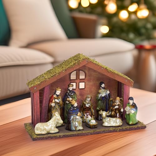 11 Piece Ceramic Nativity Set with Wooden Stable by Gisela - Image 2